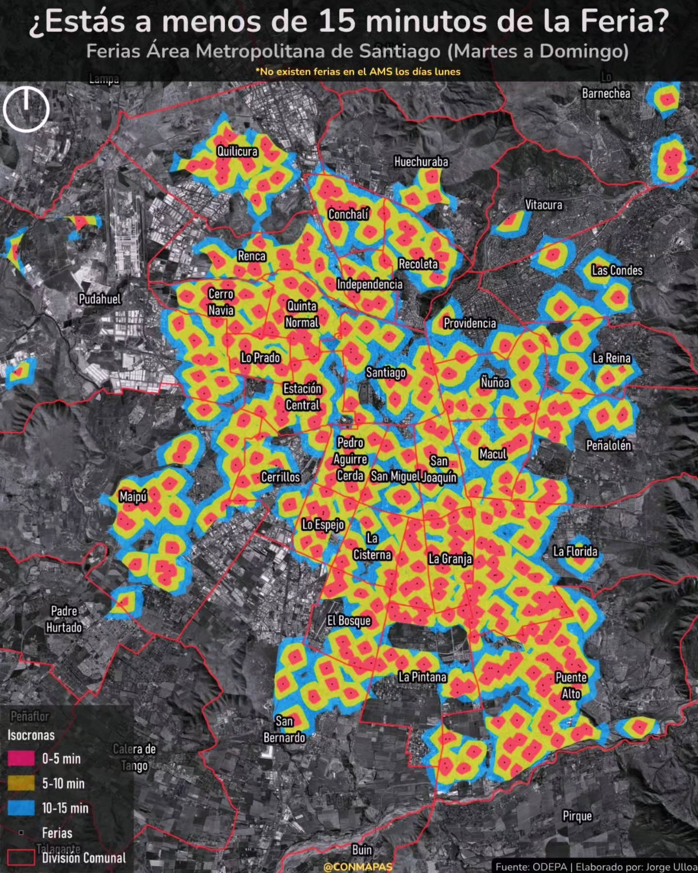 Mapa de Santiago con isócronas peatonales de 5, 10 y 15 minutos alrededor de ferias libres