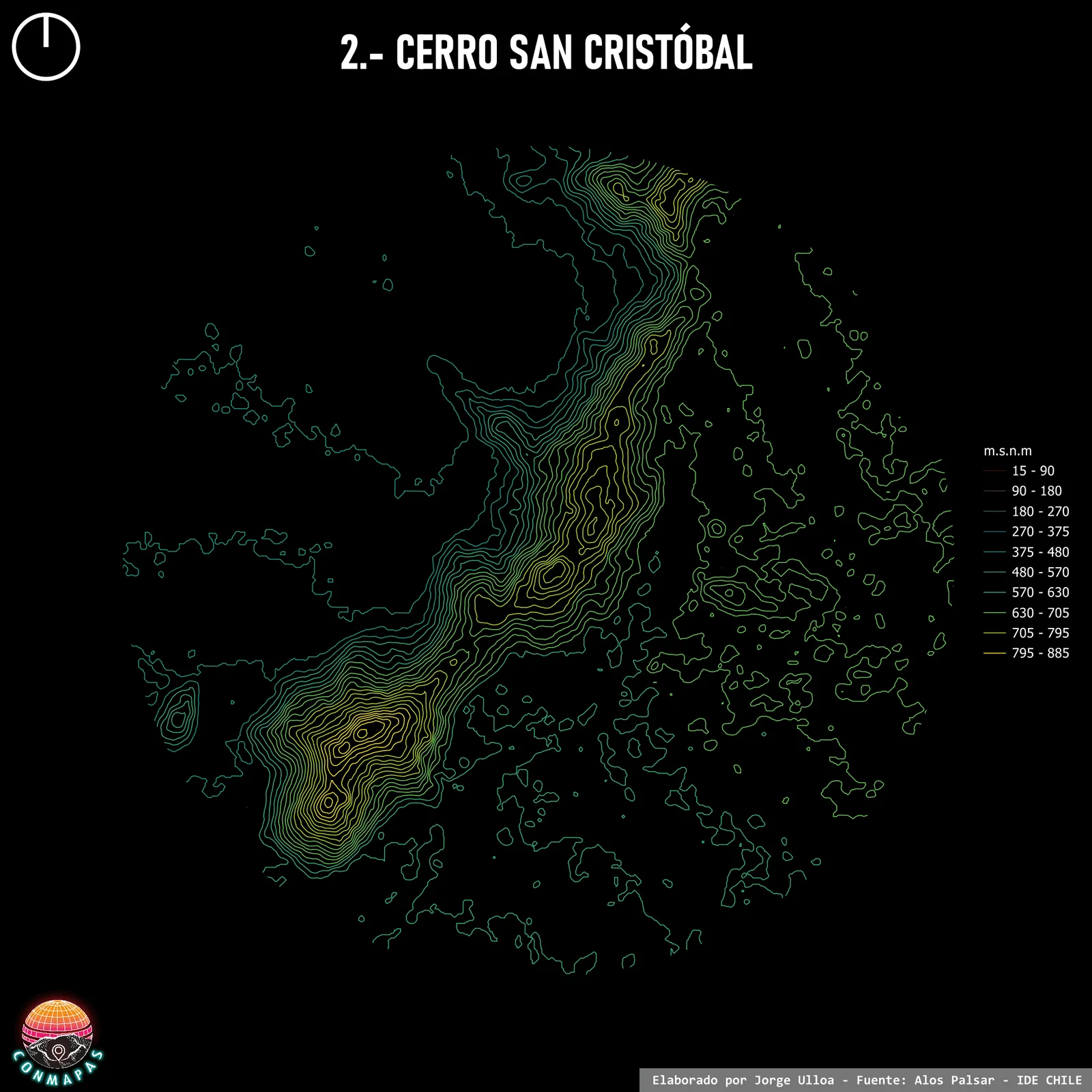Curvas de nivel coloreadas por altitud del cerro San Cristóbal en Santiago