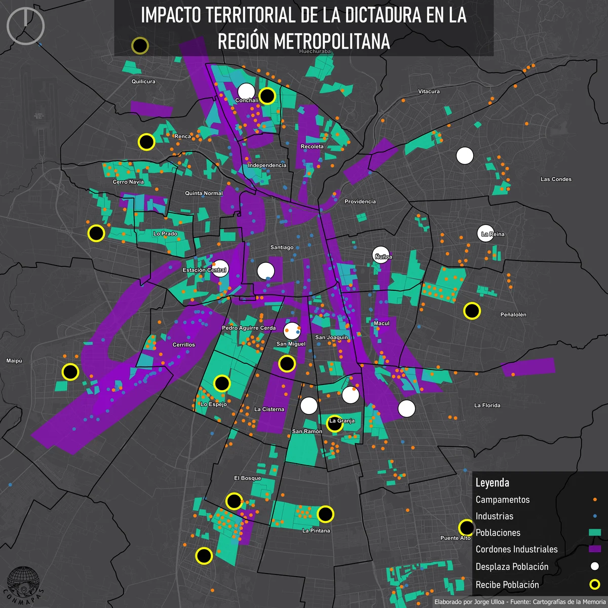 Mapa de desplazamientos forzados en Santiago durante la dictadura, desde sectores centrales hacia las periferias